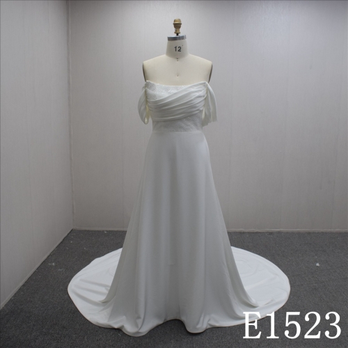 Summer Slim Boat Neck Chiffon Off Shoulder A-line Hand Made wedding Dress