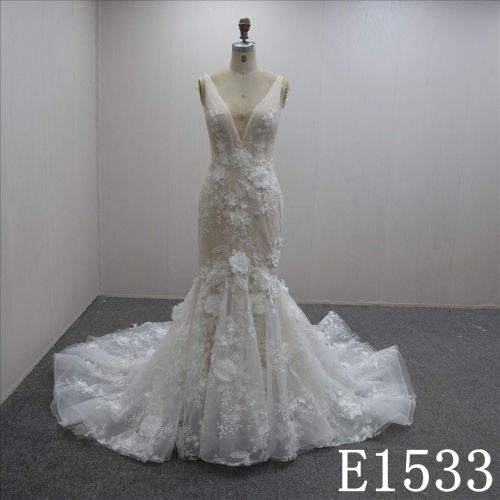 Summer Slim V Neck Lace Flower Mermaid Hand Made wedding Dress