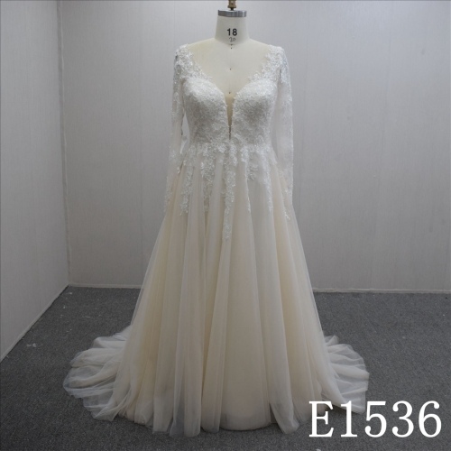 Long Sleeves Lace Flower V Neck A-line Hand Made wedding Dress