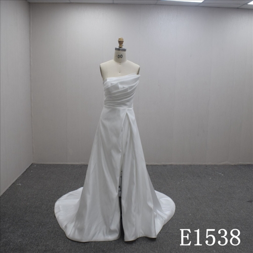 Simple Design Boat Neck A-line Satin Hand Made wedding Dress