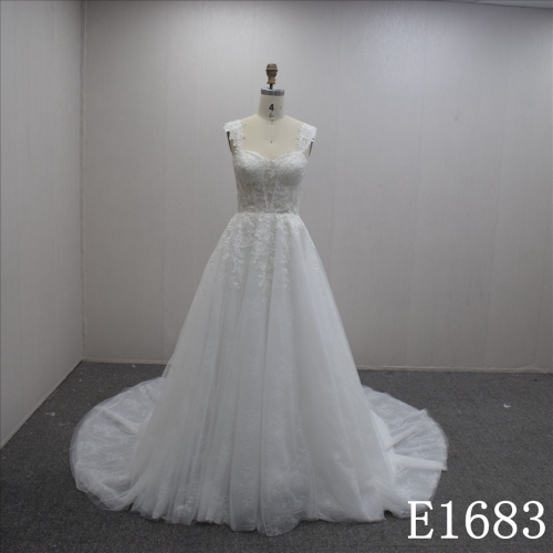 Simple Boat Neck Lace Flower Hand Made wedding Dress