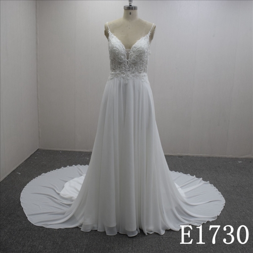 Simple Chiffon Spaghetti Straps V Neck Hand Made wedding Dress