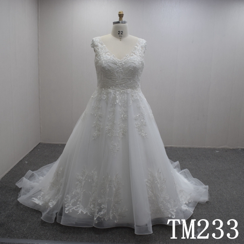 Sparkly V-neck Lace Appliqued Sequins Tulle Hand Made wedding Dress