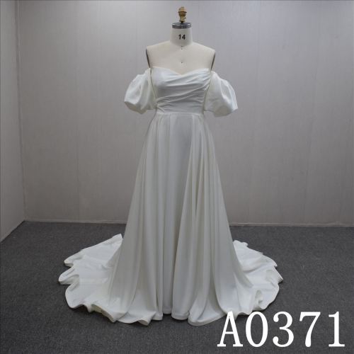Simple Satin Bridal Gown with Short sleeves and Sweep Train New Design