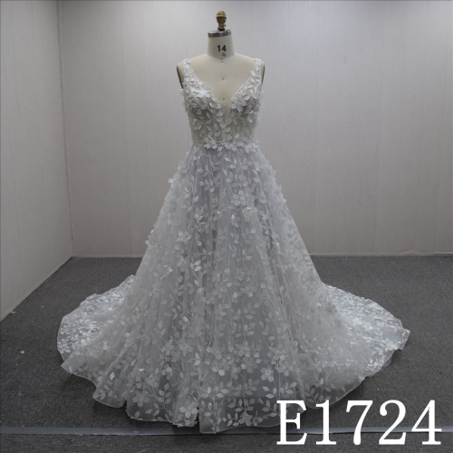 Gorgeous V-Neck Lace Flower  Backless Hand Made Bridal Dress