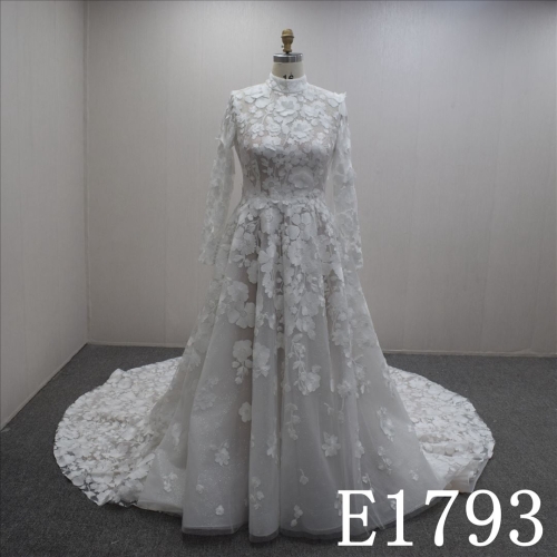 Summer Exquisite High-neck Lace Flower A-line Satin Hand Made Bridal Dress