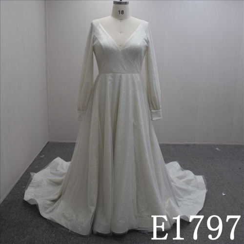 Special Design Long Sleeves Satin A-line Hand Made wedding Dress