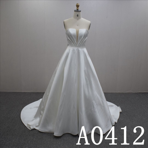 Custom Simple A-line  Straight Neck Satin Hand Made Bridal Dress