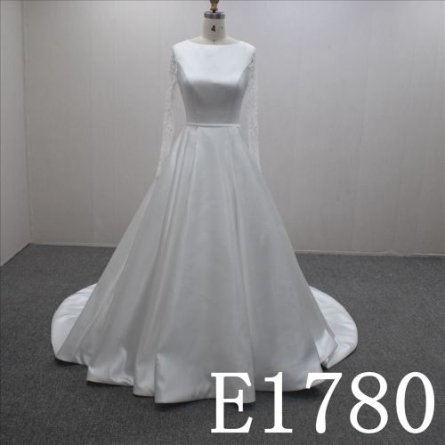 Custom Simple A-line Long Sleeves Satin Hand Made Bridal Dress