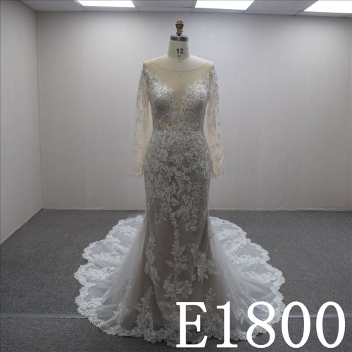 Long Sleeves Lace Flower V Neck A-line Hand Made wedding Dress