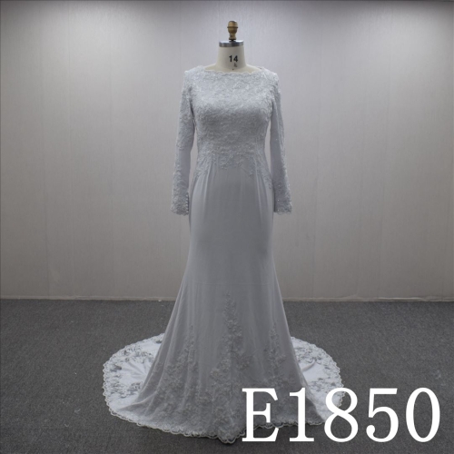 Long Sleeves Lace Flower Bateau A-line Hand Made wedding Dress