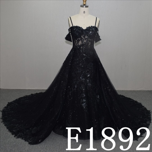 Custom Black Lace Flower With Spaghettl strap Hand Made Bridal Dress