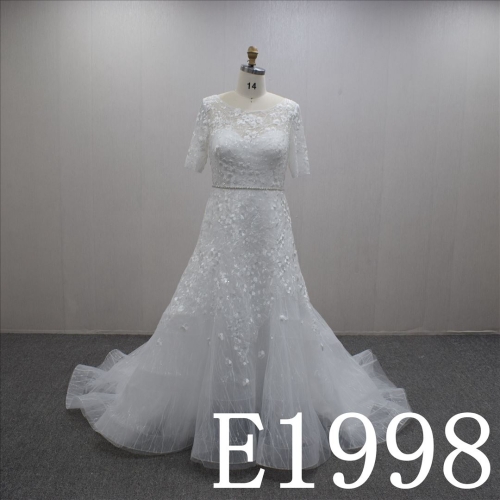 Elegant ILLUSION with lace flower wedding dress Guang Zhou Made