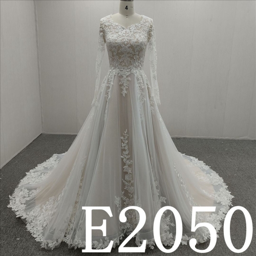 Long Sleeves Lace Flower Jewel A-line Hand Made wedding Dress