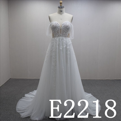 Sexy Off Shoulder Lace Flower Ball Gown Tulle Hand Made Bridal Dress