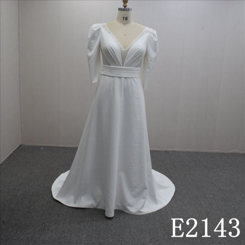 Custom Simple A-line Short Sleeves Satin Hand Made Bridal Dress