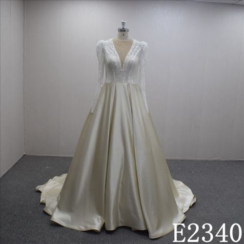 V-neckline Bridal dress with Long Sleeve and Sweep Train