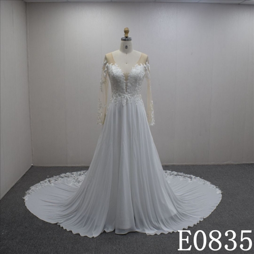 Autumn  Long Sleeves V Neck with lace flower  Hand Made  Bridal Dress