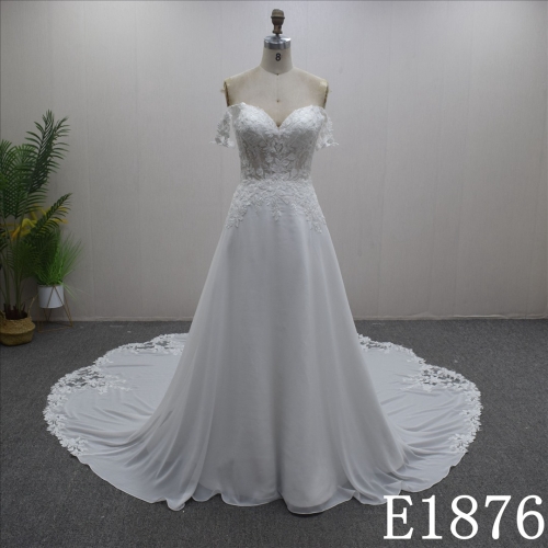 Simple Off Shoulder A-line Lace Flower Sweetheart Hand Made wedding Dress