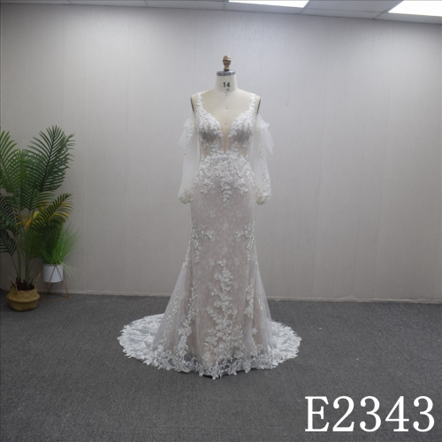 Autumn  Long Sleeves V Neck with lace flower  Hand Made  Bridal Dress