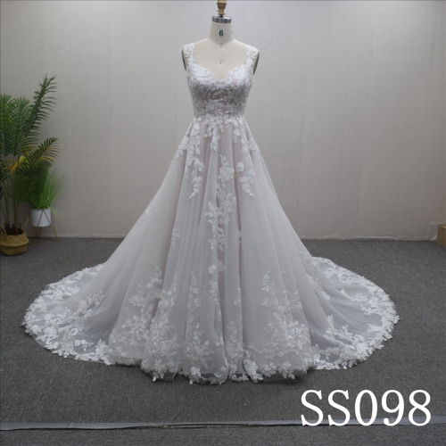 V-neck with Sweep train Lace flower  Hand Made Bridal Dress