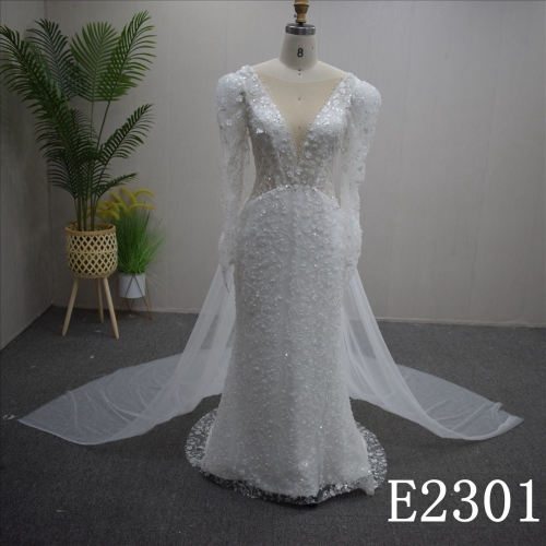 Gorgeous V-Neck  with backless And Long sleeve Hand Made Bridal Dress