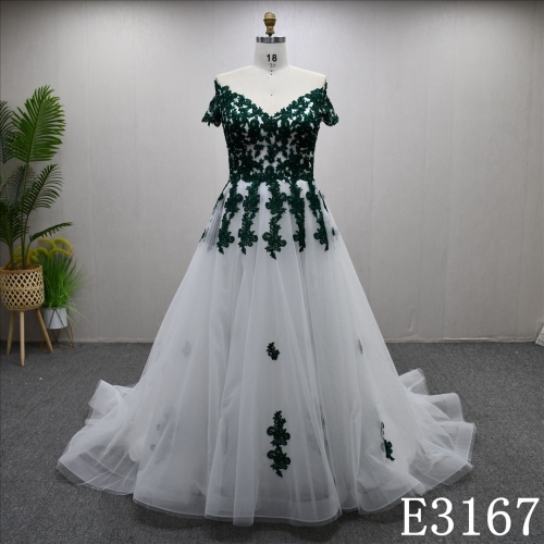 New Design Green Lace Elegant A-line Applique Wedding Dress Bridal Gown