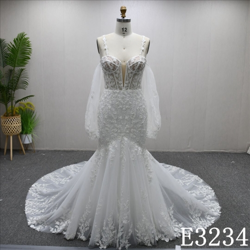 2025 New Design Tulle Elegant Sheath Mermaid Applique Wedding Dress Bridal Gown