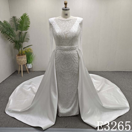 Luxurious Elegant Detachable Train illusion Beaded Mermaid Sheath Wedding Dress
