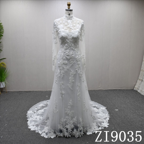 Long Sleeve High Neck Applique Elegant Sheath Mermaid Hot-selling Wedding Dress