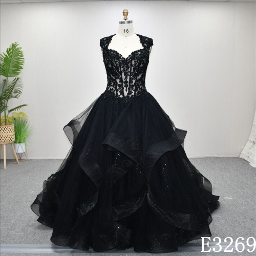 2025 Black And Nude Queen Anne Bones Applique Sequins Fashion Ball Gown