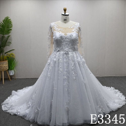 Long Sleeve White And Nude Illusion And Elegant Lace 3D Applique Wedding Dress