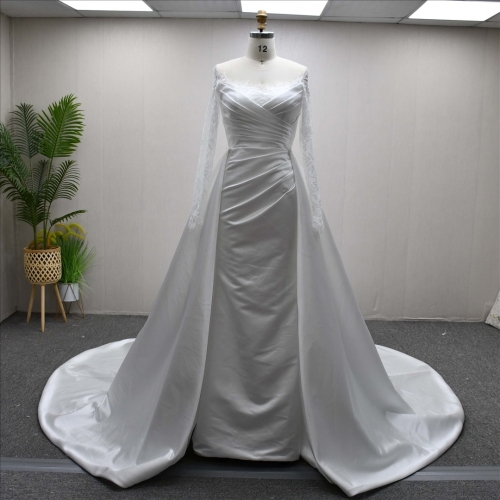 Popular High Waist Pleat Sheath Mermaid Detachable Train Elegant Wedding Dress