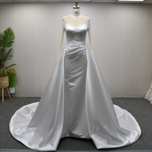 Illusion Long Sleeves Beaded Pleat Sheath Mermaid Detachable Train Wedding Dress