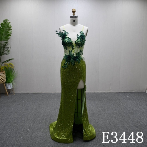 Elegant Spaghetti Straps Lace Beaded Sequins Sheath Mermaid Split Bridal Gown