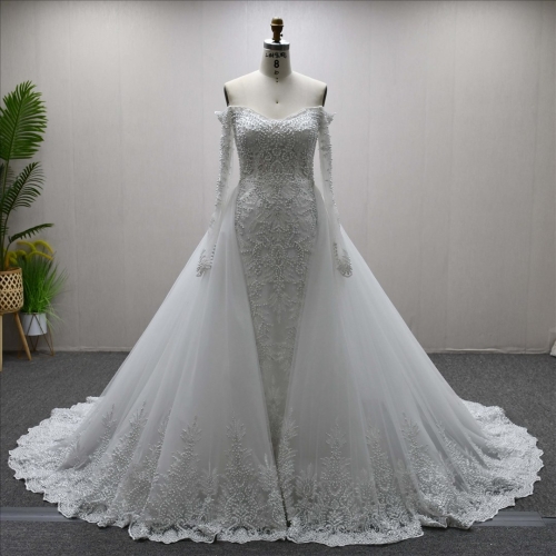 Long Sleeves Beaded Detachable Train Sheath Mermaid High Quality Wedding Dress