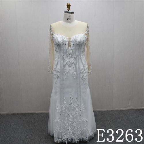 Illusion Long Sleeves Lace Applique Beaded Sequins Sheath Mermaid Bridal Dress