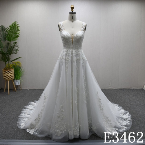 Luxury V-neckline Lace Applique Shiny High-end Long Train A-line Wedding Dress