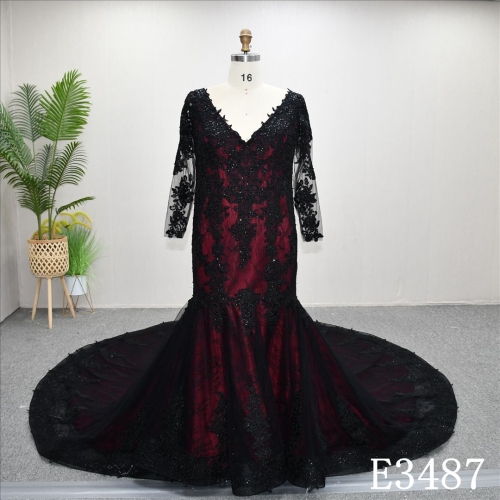 Elegant Black And Red Long Sleeves Lace Beaded Sheath Mermaid Bridal Dress