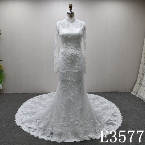 Long Sleeves High Neckline Applique Beaded Elegant Sheath Mermaid Wedding Dress