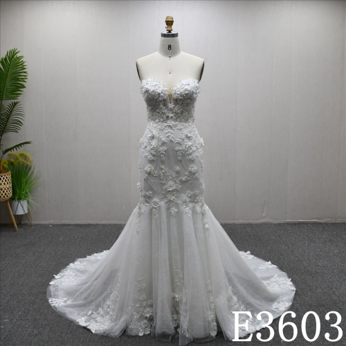 Fashion Sweetheart Neckline High Waist 3D Flowers Beaded Long Train Bridal Dress