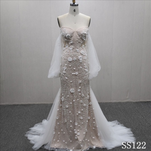 Hot-selling Long Sleeves Sweetheart Neckline 3D Flowers Mermaid Bridal Dress