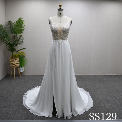 V Neck Chiffon Beaded Hot-selling A-line High Quality Fashion Bridal Dress