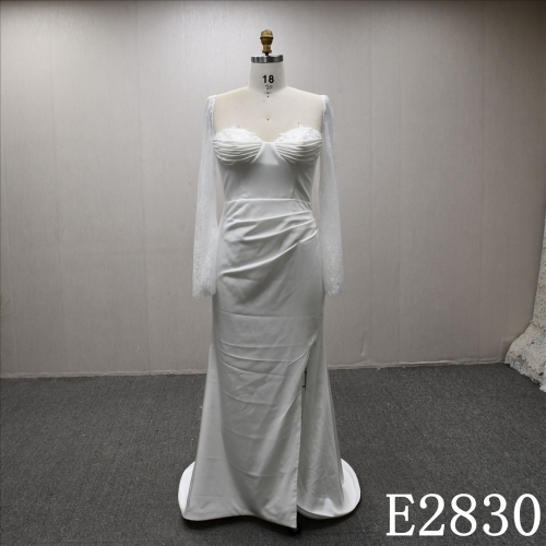 Long Sleeves Lace Slit Hot-selling Sheath Mermaid Detachable Train Bridal Dress