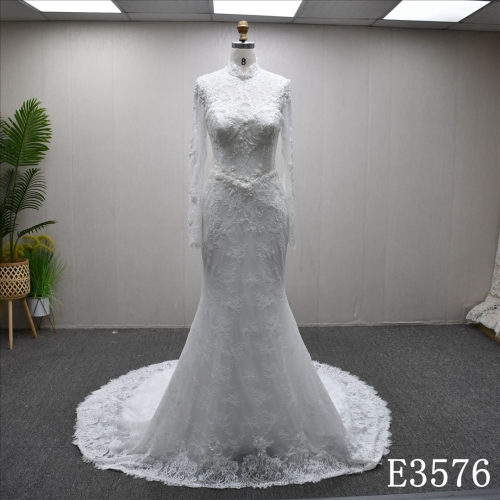 High Neck Long Sleeves Applique And Beaded Fashion Sheath Mermaid Wedding Dress