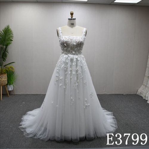 Hot-selling Strap Square Neckline 3D Flowers A- LINE  Bridal Dress