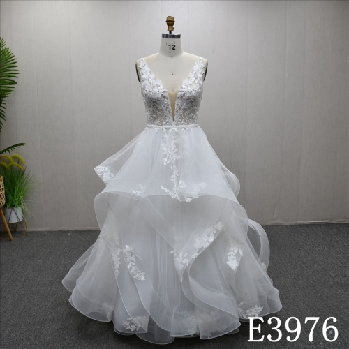 Elegant straps unique design lace A-line simple bridal gown