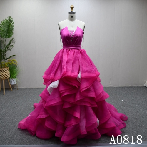 Hot selling unique design pink evening wedding dress with diamonds and big bow