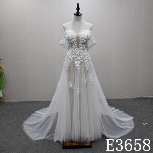 Hot selling unique design evening dress with lace and three-dimensional flowers
