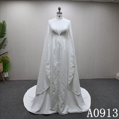 Hot selling Muslim style high neck A-line dress with Removable cape, pearl decoration, back zipper and lace up back